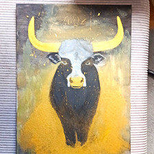 Gem&auml;lde Stier/Rind mit gro&szlig;en H&ouml;rnern, Tiere, Schwarz/Wei&szlig;/Gold