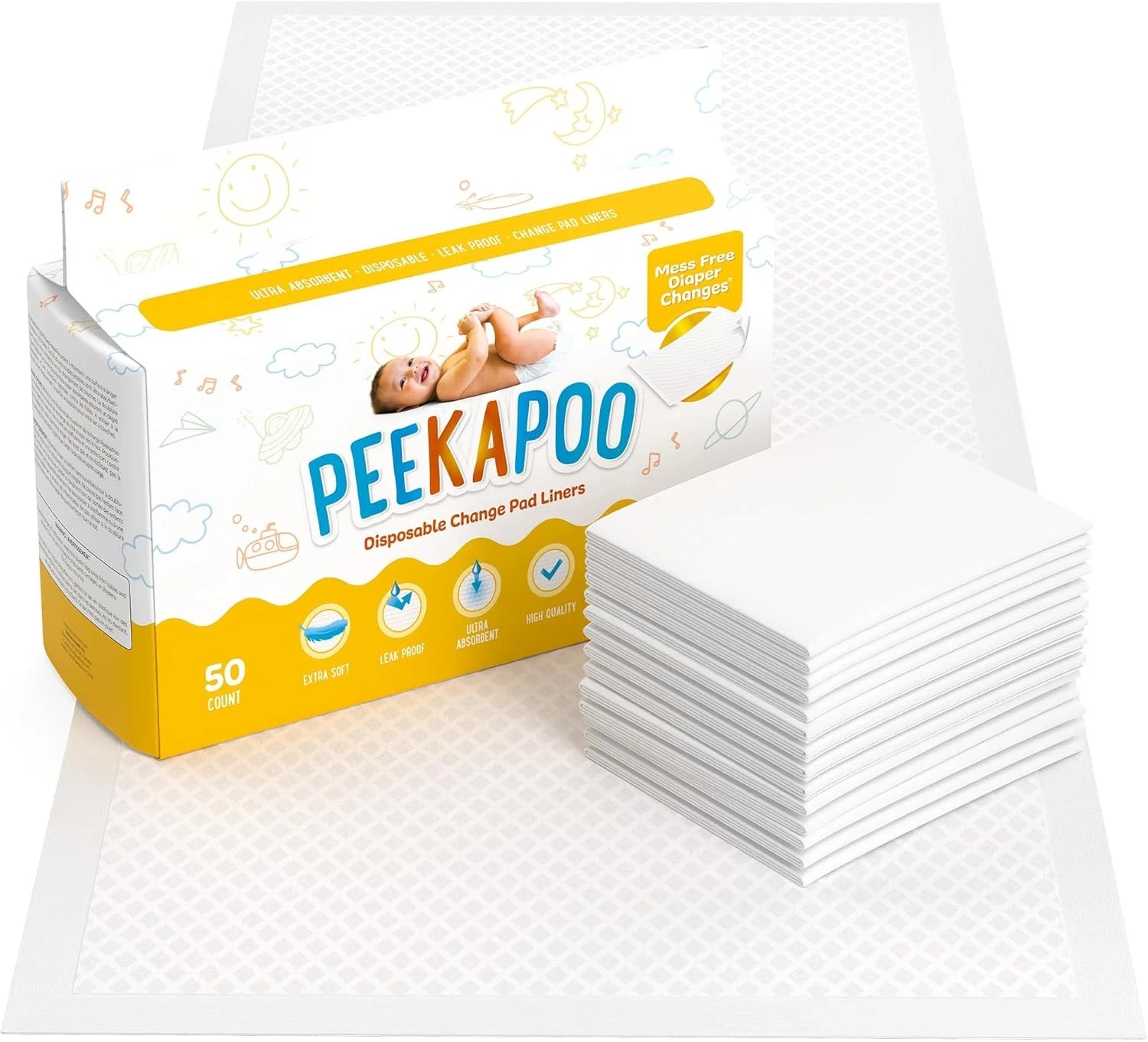 Peekapoo Disposable Baby Changing Pad Liners 50 Pack Waterproof Travel 24x18