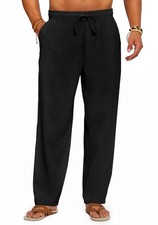 Mens Casual Linen Pants Elastic Waist Drawstring Summer Beach Loose Fit