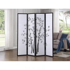 SALE! Roundhill Furniture Bamboo Print 4-Panel Framed Room Screen/Divider, Black