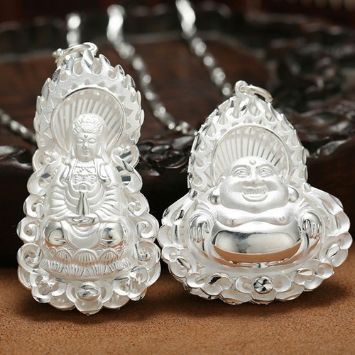 Men Women Lucky Flame Buddha Guanyin Pendant Pure S999 Fine Silver