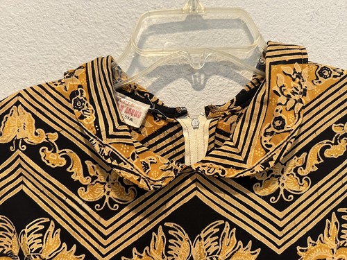 Vintage 60s Batik Tiered Dress Sweet Collar Tie Belt Black Mustard Yellow Size S - Picture 4 of 10