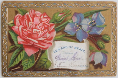 Vintage Reward of Merit Card - Gold - Flowers - A good little girl - Higgins