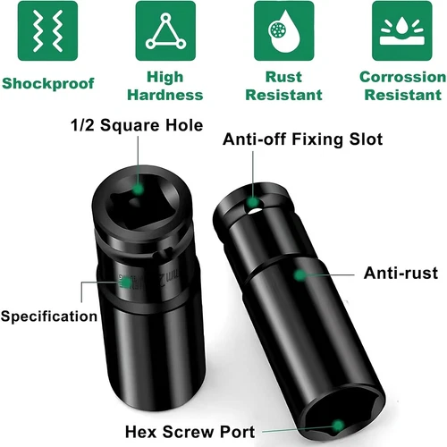 11-Piece 1/2 Drive Deep Impact Socket Set Metric Wheel Axle Nut Wrench 10-24 MM - Picture 12 of 14