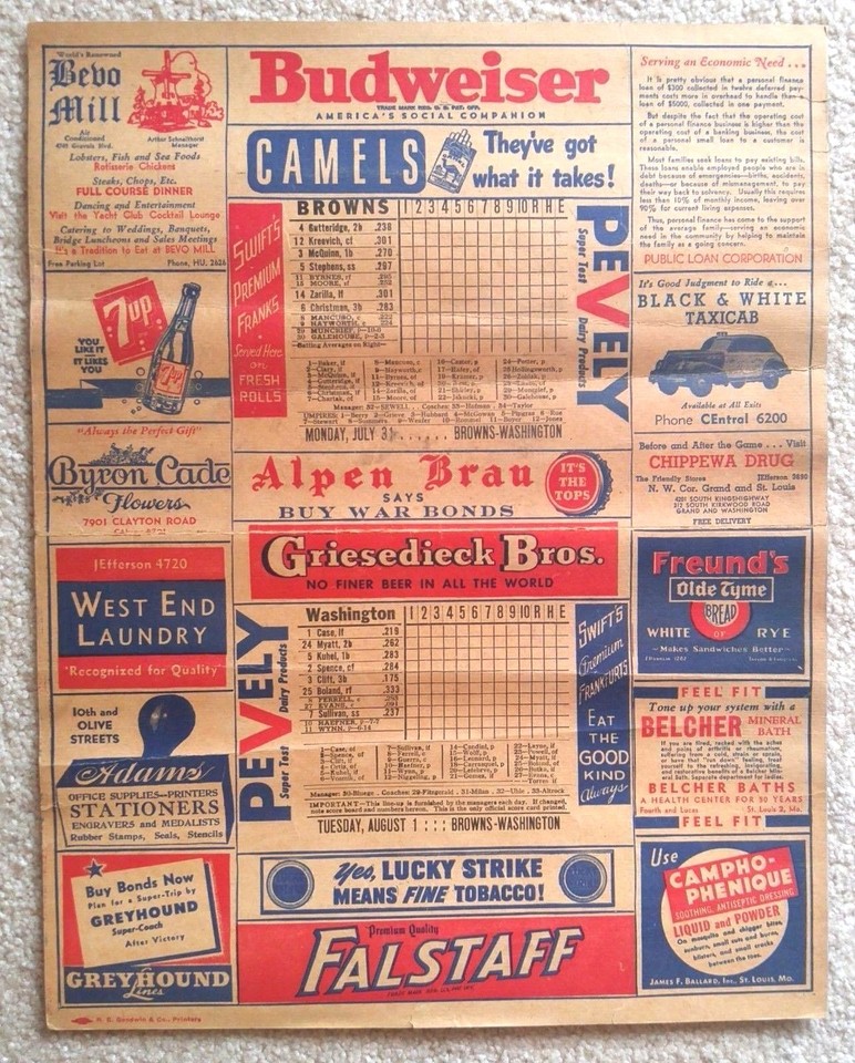 1944 ST LOUIS BROWNS PROG/SCORECARD v SENATORS SUN JULY 30 - BROWNS WIN ...