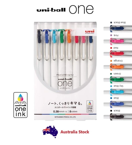 8 x Uniball Uni One Click Pigment ink Gel Pen - 0.38mm - Standard Colour Set