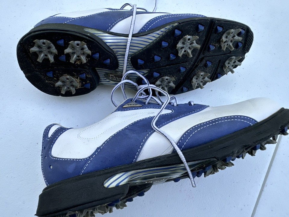 Etonic Golf Shoes Cleats Saddle Shoes Leather White And Blue Womens