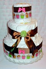L K...Pink and Green Cupcake Diaper Cake - Girl Baby Shower Centerpiece
