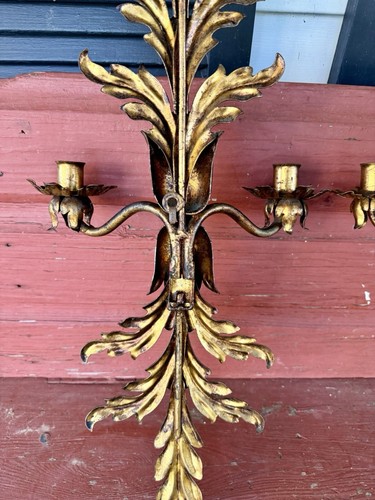 Vintage Large Pair of Tole Metal Wall Candle Sconces Marked Italy 32x12x5 - Picture 6 of 11