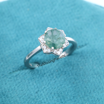 Natural Moss Agate Promise Ring, Dainty Round Cut Engagement Ring, Gift For Har