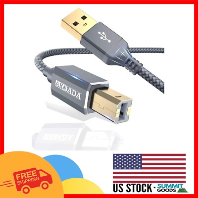 High-Speed USB 2.0 Printer Cable, 10ft - Braided Nylon & Universal Compatibility