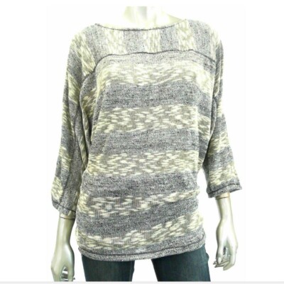 Studio M Women Sweater Knit Top L Black Sand Striped Pullover Batwing Sleeve