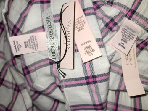 VICTORIA SECRET Flannel Pajama Set Button Top Pants L women's cotton white NWT - Picture 4 of 5
