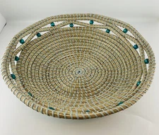 teal and tan beaded boho woven Braided basket wall hanging wall art decor 15”