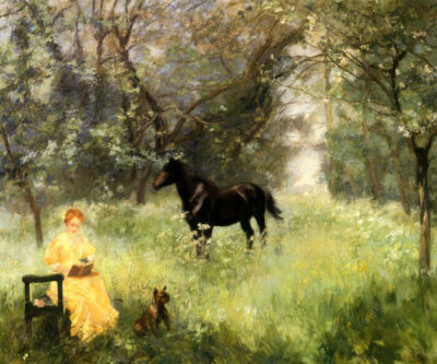 A SUMMER DAY LADY READING BOOK DOG HORSE GARDEN PAINTING BY ALFRED ROLL REPRO