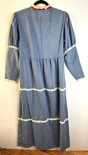 VTG 60'S SEARS HIPPY BOHO RUFFLED LACE PRAIRIE DRESS BLUE COTTON CHAMBRAY*S/M - Picture 4 of 4