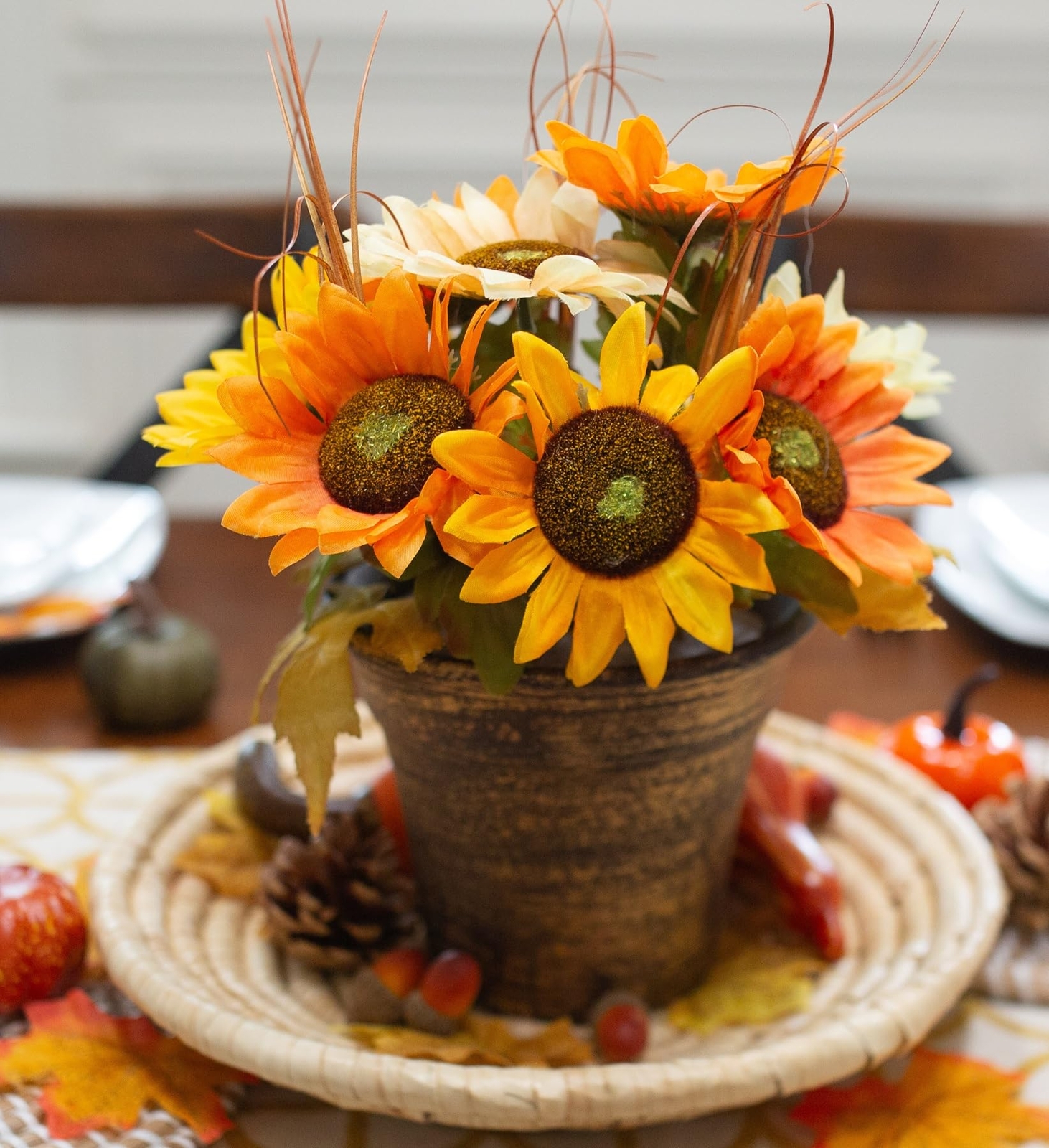 Artificial Potted Flowers, Fall Fake Plants Sunflowers with Maple Leaves, Fau...