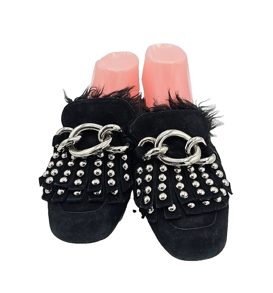 Jeffrey Campbell Negro Cadena Eslabón Tachonado Piel Forrado Mules Toboganes Mujer Talla 8 Foto 2 de 4