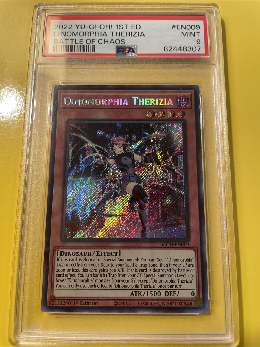 YuGiOh DINOMORPHIA THERIZIA #BACH-EN009🔥PSA 9 MT🔥1st EDITION