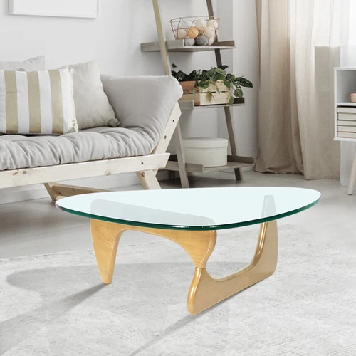 Premium 19mm Noguchi-Style Glass Triangle Coffee Table With Wood Stand Natural