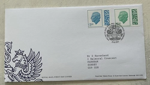 GB KCIII 2023 New Barcode Machin Values £2.00, £5.00 FDC Tallents Coat Off Arms