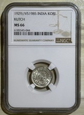 India Princely States Kutch VS1985 1929 1 Kori Silver Choice BU NGC MS66 Y#59