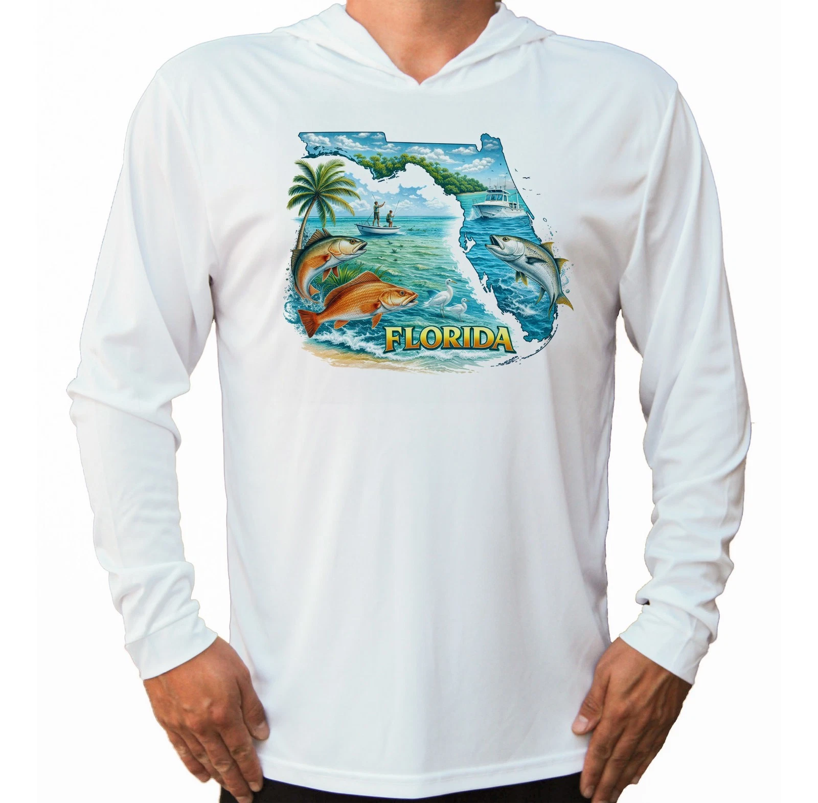 Florida Fishing Boat Capitan UV Protected UPF 50 Long Sleeve T-Shirt Hood Sun