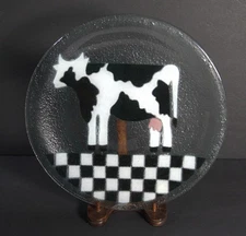 Vintage Peggy Karr Fused Glass Round Plate Checkered Cow