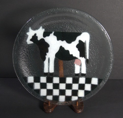 Vintage Peggy Karr Schmelzglas runder Teller kariert Kuh