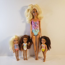 Mattel Bathing Suit Barbie Beach Doll 12" and 3 Club Chelsea Swim Dolls 5"