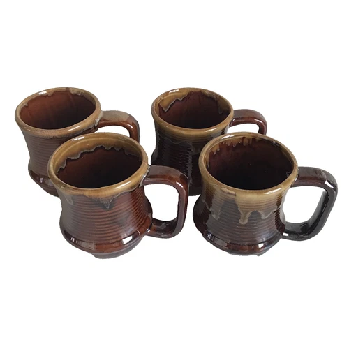 Brown Drip Glaze Pottery Coffee Cups 4 Mug Set 8 oz Unmarked Mid Century Modern