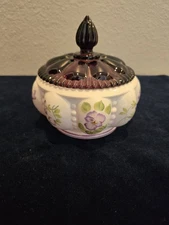 Fenton Vanity Powder Jar Purple Lid Handpainted Shelly Fenton And J. Cunningham 