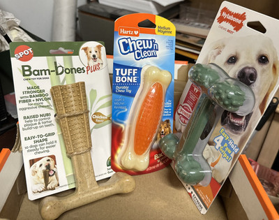 Lot of 3 Dog chews, Hartz, Nylabone, and Spot Bam Bones