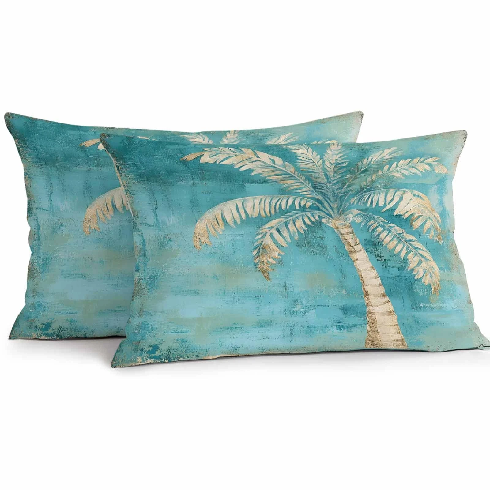 Coastal Beach Tree Green Outdoor Waterproof Pillow Covers, Vintage Tropical F...