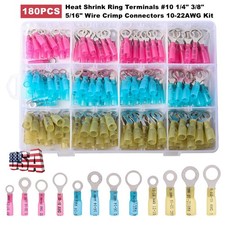 180pcs Heat Shrink 22-10 AWG Wire Crimp Connectors Ring Terminals Waterproof