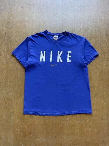 Nike, VTG 90s Nike Spell Out Big Logo Cotton Blue Sportswear T-Shirt (M) Center Swoosh