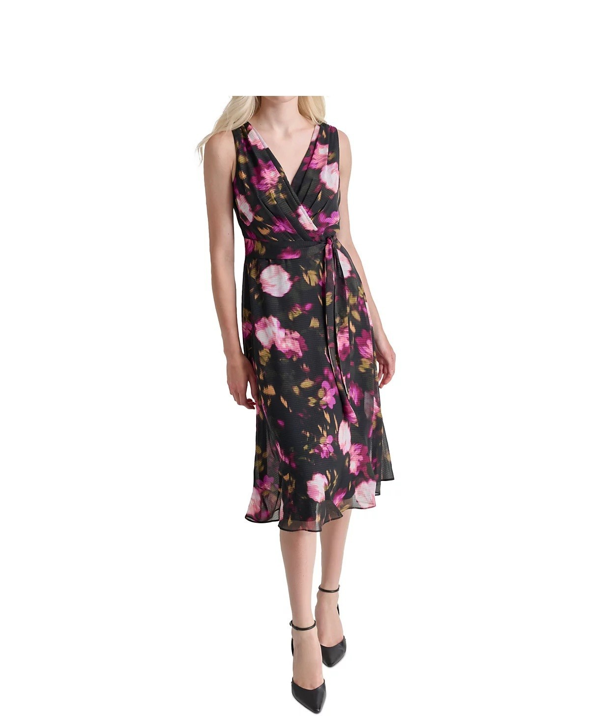DKNY Womens Floral V-Neck Belted S Raisin Multi 16