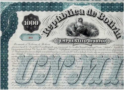 TAA #33 Republica de Bolivia, La Paz 1870, 1000 Pesos Fuertes, Top Piece, Unissu