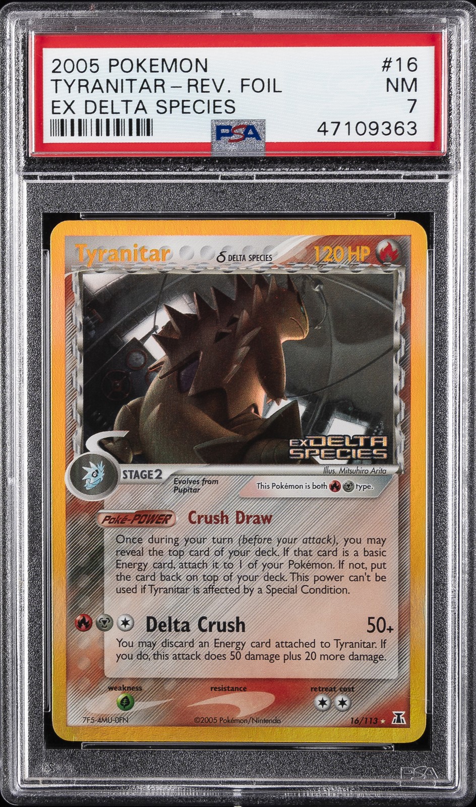 2005 POKEMON EX DELTA SPECIES #16 TYRANITAR-REVERSE FOIL PSA 7