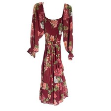 Claudette Floral Smocked Midi Dress Burgundy Sheer Sleeve Womens Size Small NEW