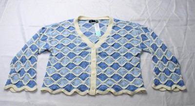 RD Style Women's Long Sleeve Crochet V-Neck Cardigan AC2 Blue/White Large NWT