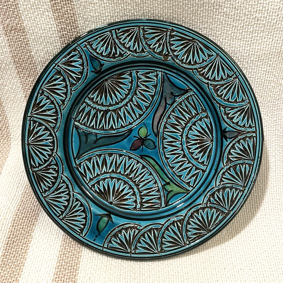 Moroccan Safi Pottery Ceramic Decorative Wall Plate Glazed Engraved 7.75" Signed - Image 2 of 4