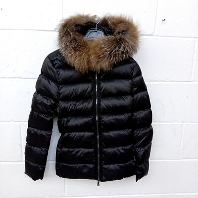 MONCLER Black TATIE Down Puffa Jacket Coat Fox Fur, Size /UK