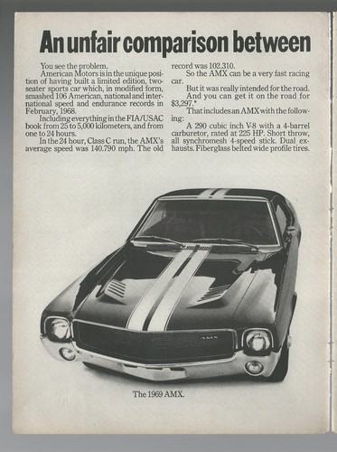 1969 AMC AMX 2-page advertisement, AMX vs ?, print ad - Picture 2 of 3