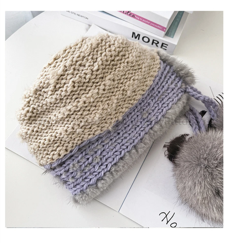 100% Real Mink Fur Knitted Beanie Hat Women Winter Cap with Fox Fur Pom Poms - Image 2 of 4