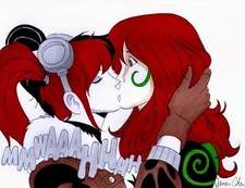 HARLEY QUINN SURPRISES POISON IVY WITH A KISS ORIGINAL COMIC ART COLOR SKETCH