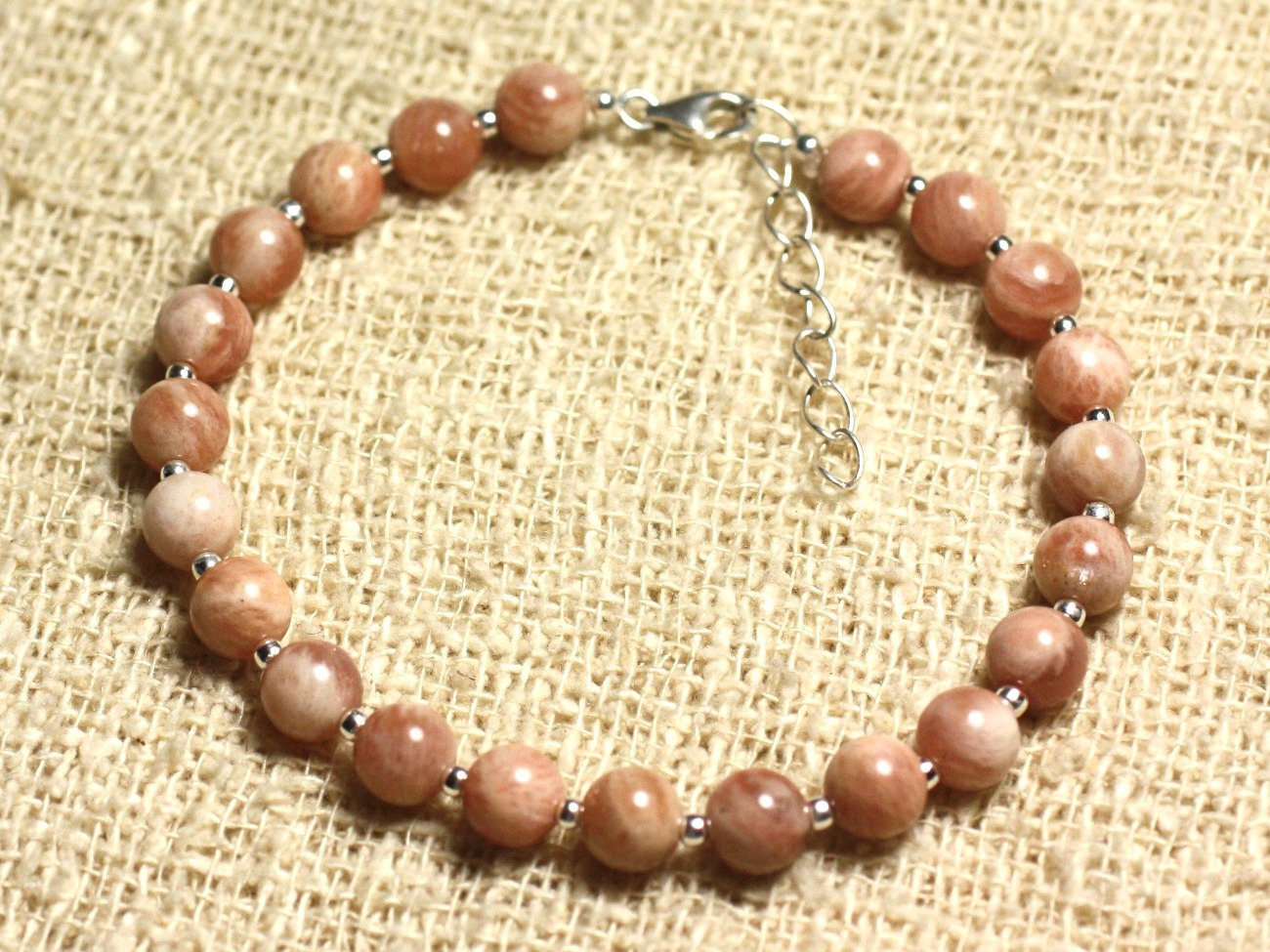 Bracelet en pierre de soleil véritable 6mm et monture en argent 925 massif premium