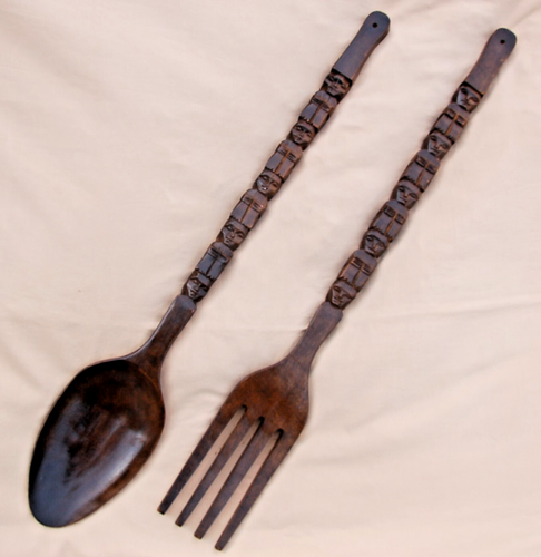 X-Large 41” Carved Wooden Fork and Spoon ~ Wall Decor Wood Tiki Totem ~ Vintage - 第 1/4 張圖片