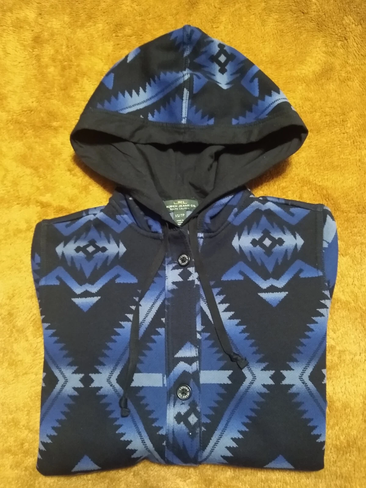 Lauren Ralph Lauren Black Blue Aztec Western Baja Hooded Pullover Women's XS