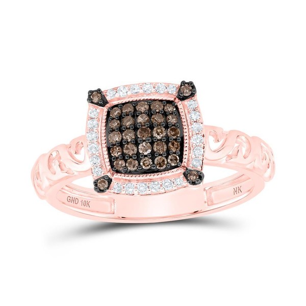 10K Rose Goldbraunes Diamant Damen Cluster Wirbelnd Band Quadrat Halo Ring 1/4-image